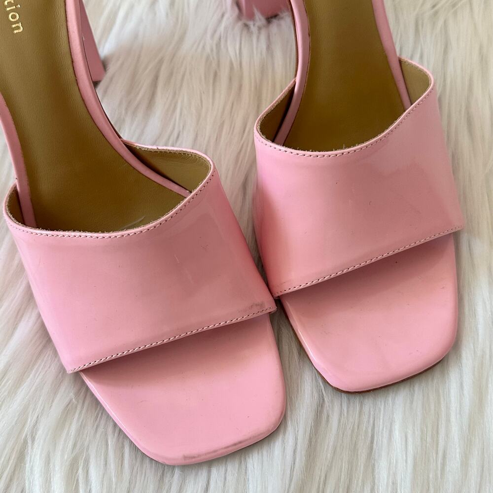 REFORMATION Georgi Block Heel Sandal Patent Leather Square Toe Mule, Pop Pink - Picture 9 of 11